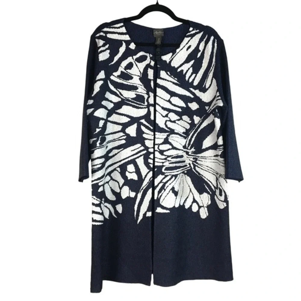 Chicos Travelers Collection Navy Blue White Butterfly Print Long Cardigan Size 2